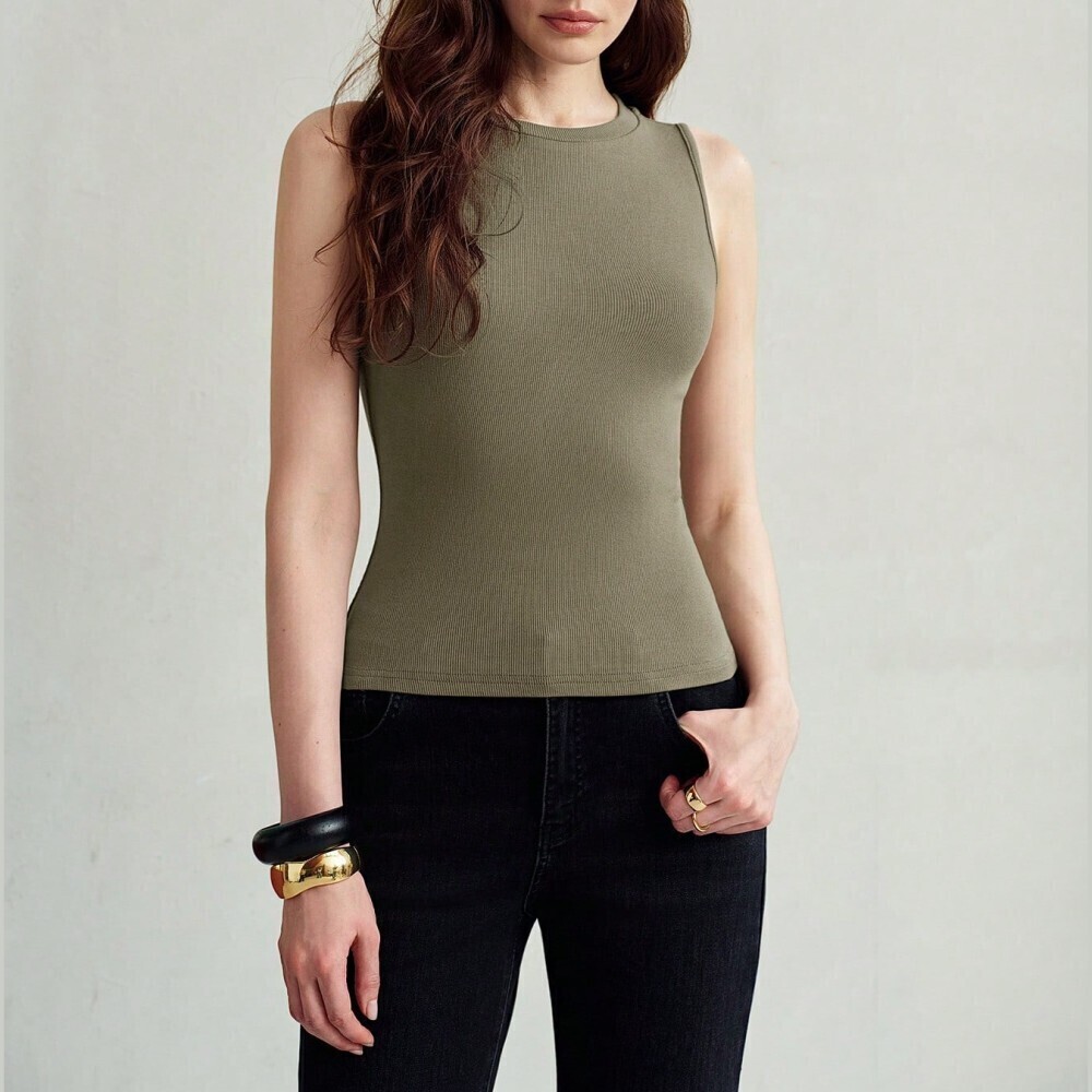 Olive Gray-Green Ribbed Knit Round Neck Slim Fit Crop Tank Top
